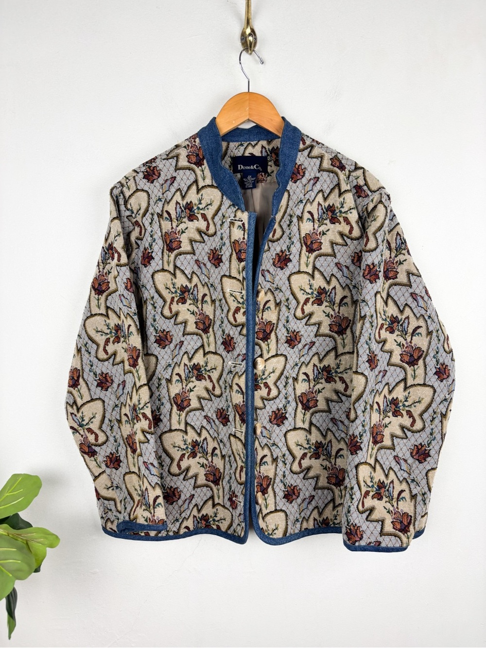 Vintage 90s Tapestry Floral Bomber Denim Jacket Sz 2X